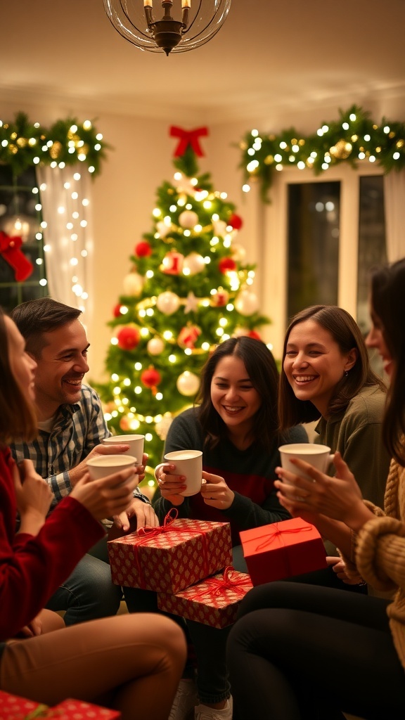Friends celebrating Christmas together with a decorated tree, lights, and gifts.